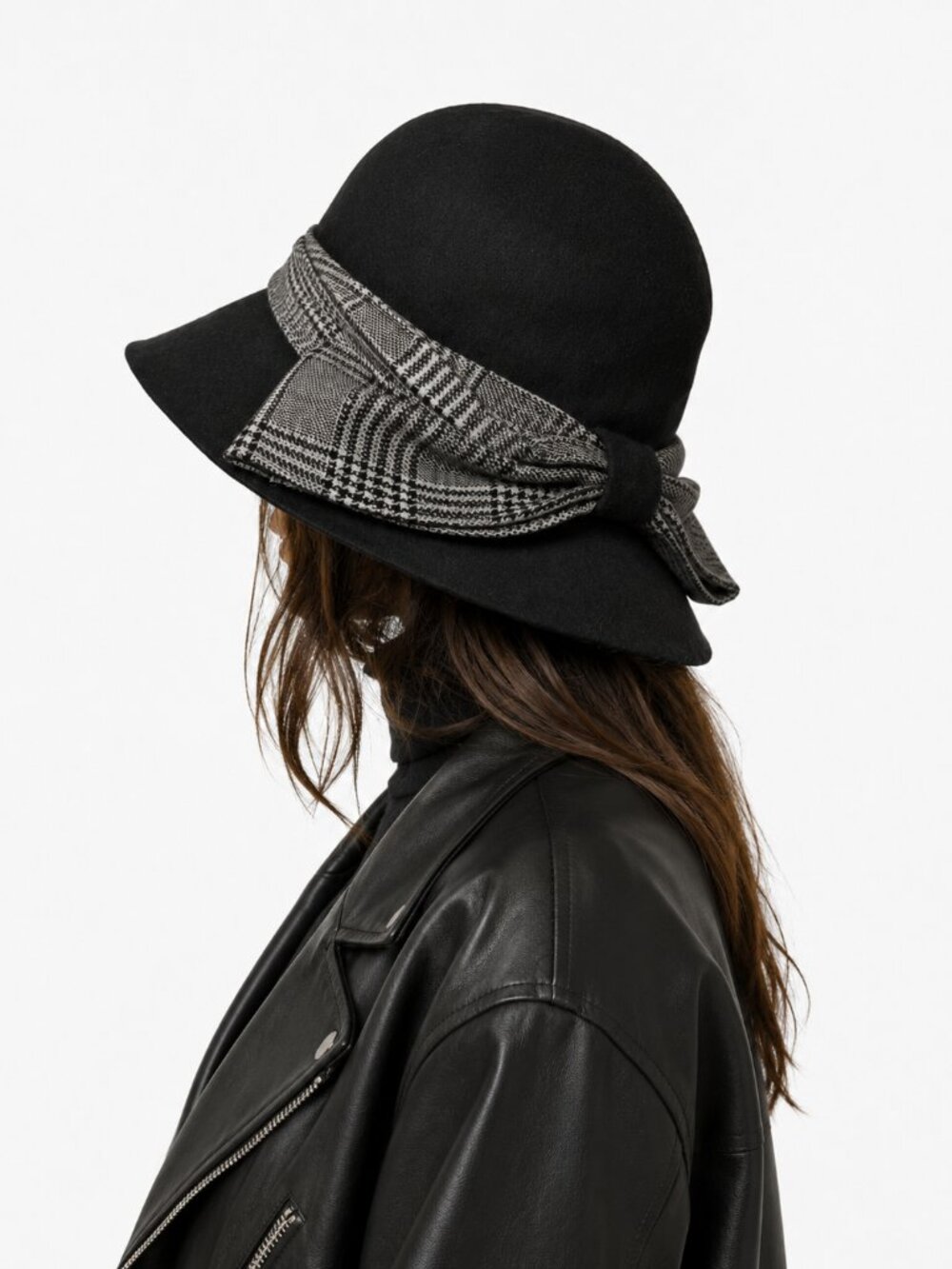 Le Château Black Wool Floppy Hat Plaid Bow
